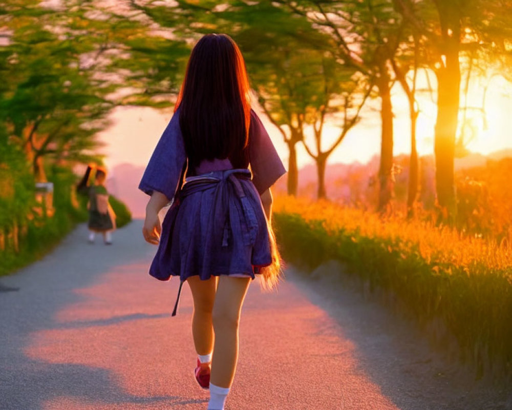 Person walking on tree-lined path at vibrant sunset