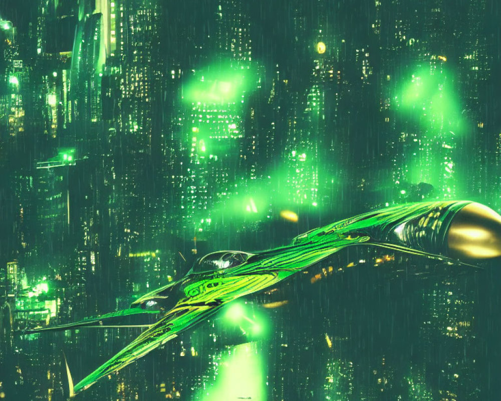 Green-Toned Futuristic Cityscape with Digital Rain and Flying Vehicle