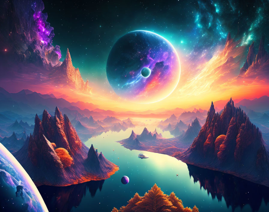 Colorful sci-fi landscape with mountains, lake, boat, and fantastical sky