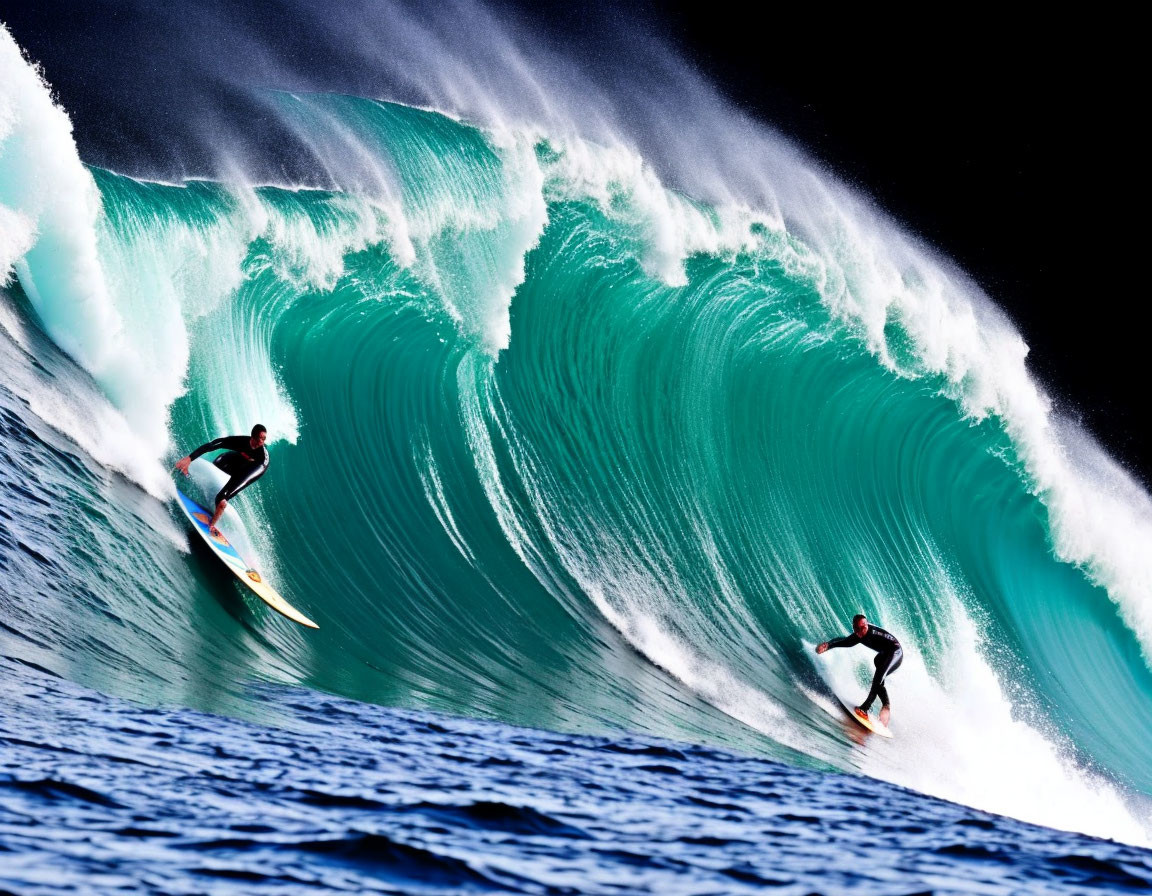 Surfers riding vibrant blue and turquoise wave