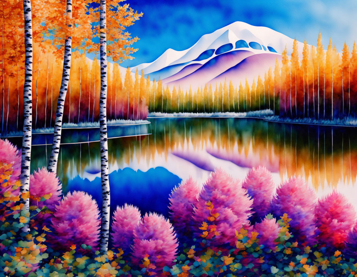 Serene autumn landscape with lake, colorful trees, mountain, clear sky