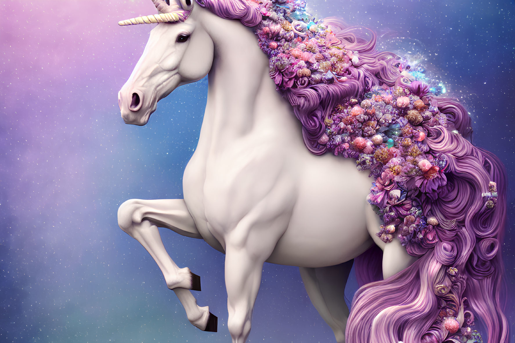 Majestic unicorn with flower-adorned mane on purple starry background