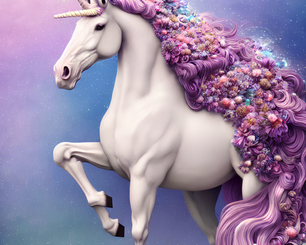 Majestic unicorn with flower-adorned mane on purple starry background