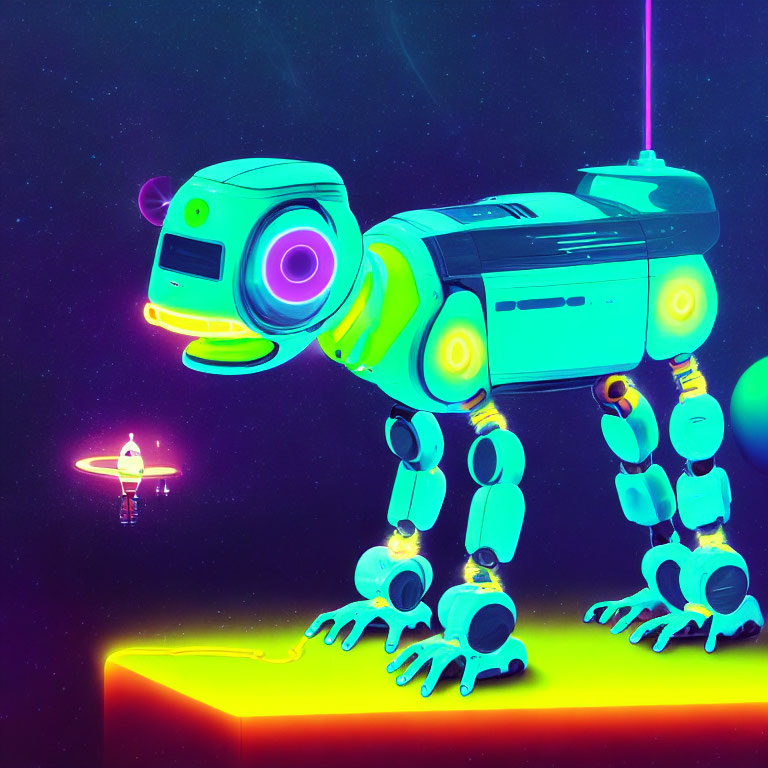 Futuristic neon-colored quadrupedal robot illustration