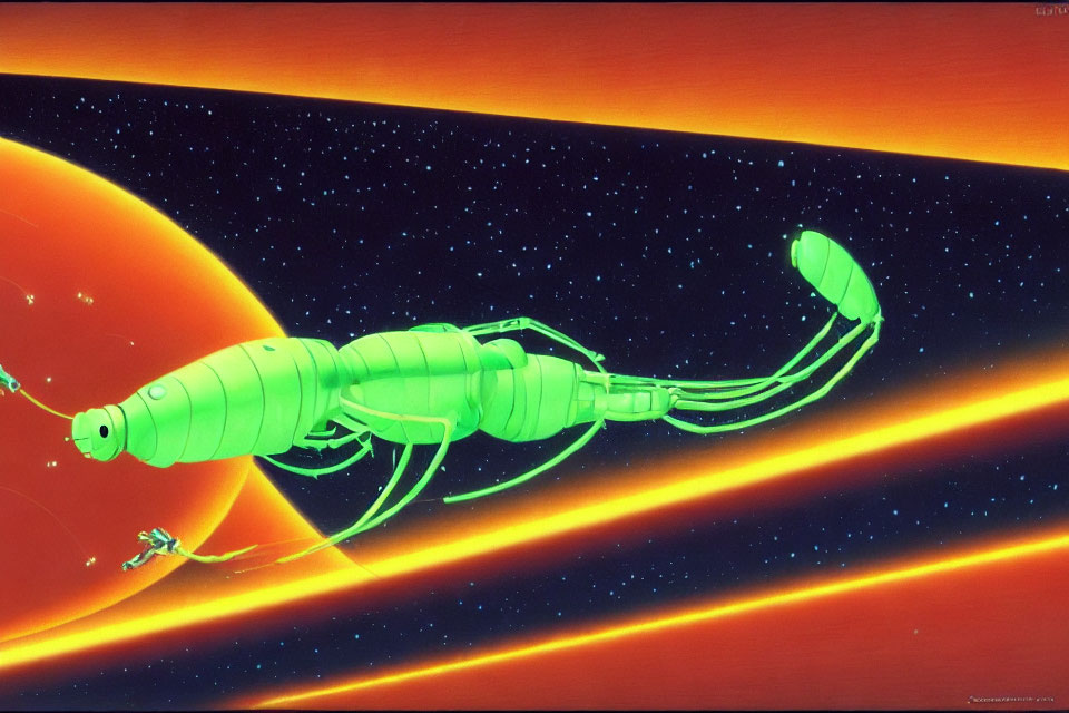 Green segmented scorpion-like creature in space with glowing planet.