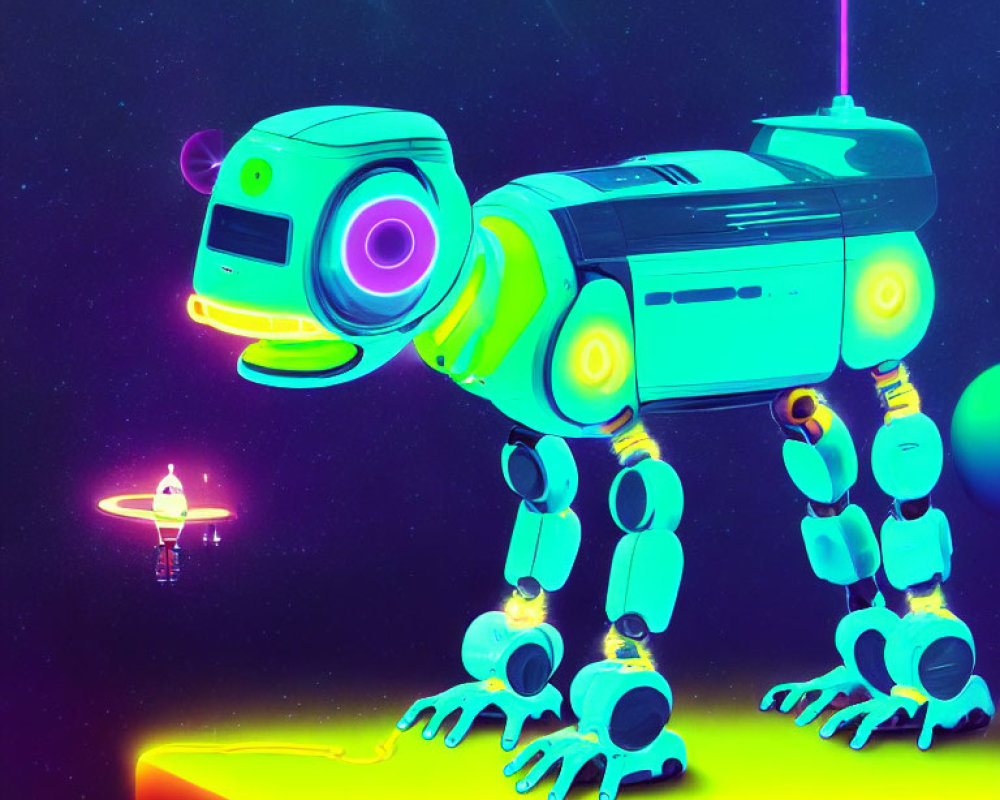 Futuristic neon-colored quadrupedal robot illustration