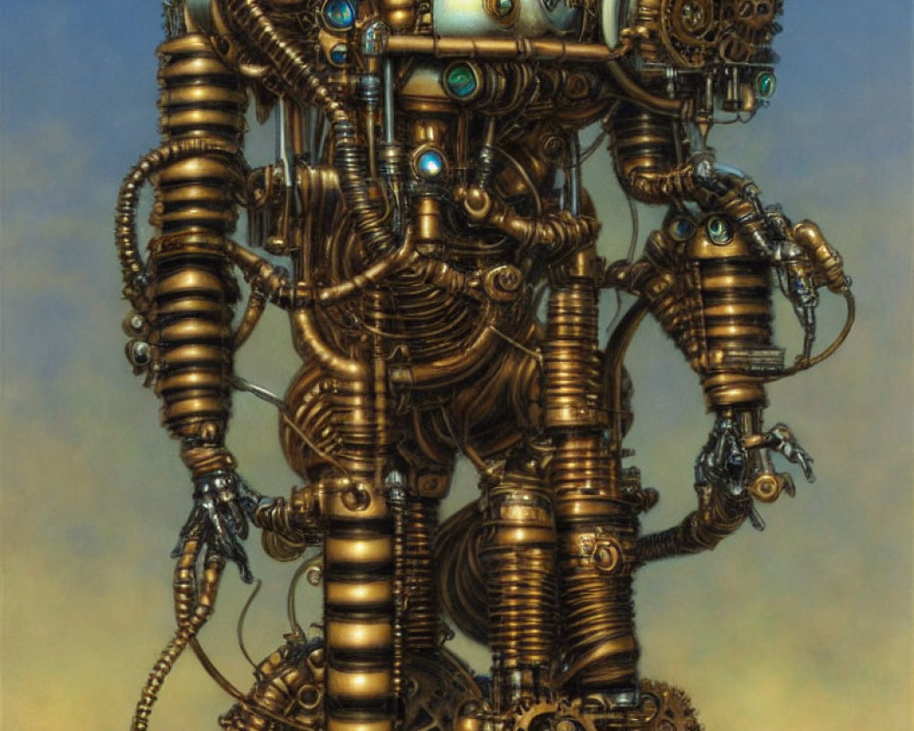 Steampunk-style robot with brass tubing, gears, and blue glowing eyes