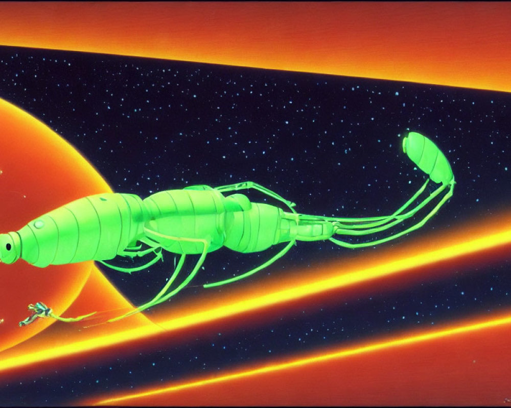 Green segmented scorpion-like creature in space with glowing planet.