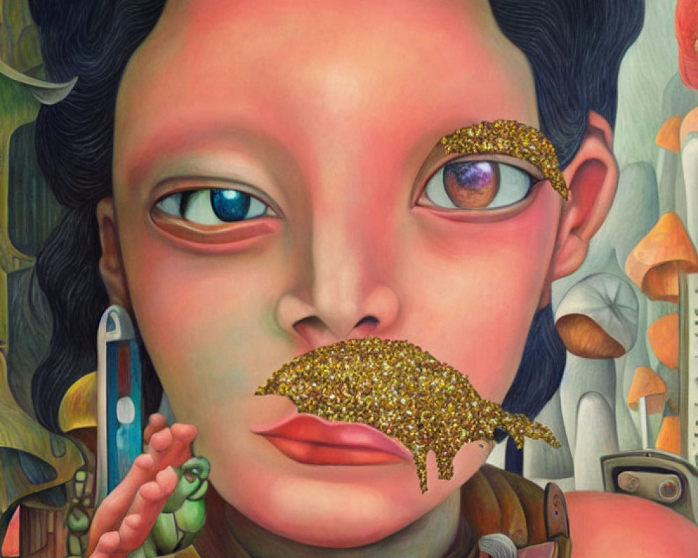 Colorful surreal portrait with golden glitter, mechanical neck, and fantastical elements