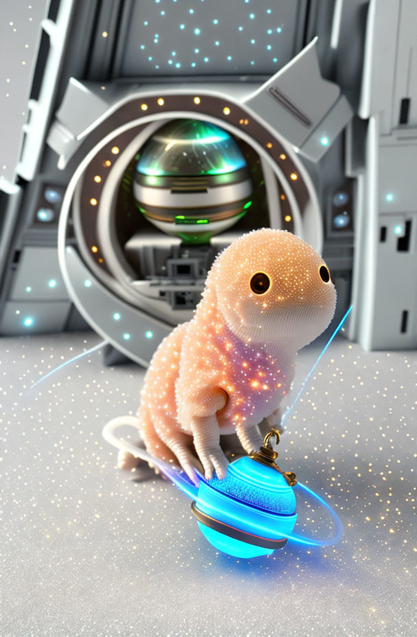 Anthropomorphic lizard on hoverboard in space station with starry effect