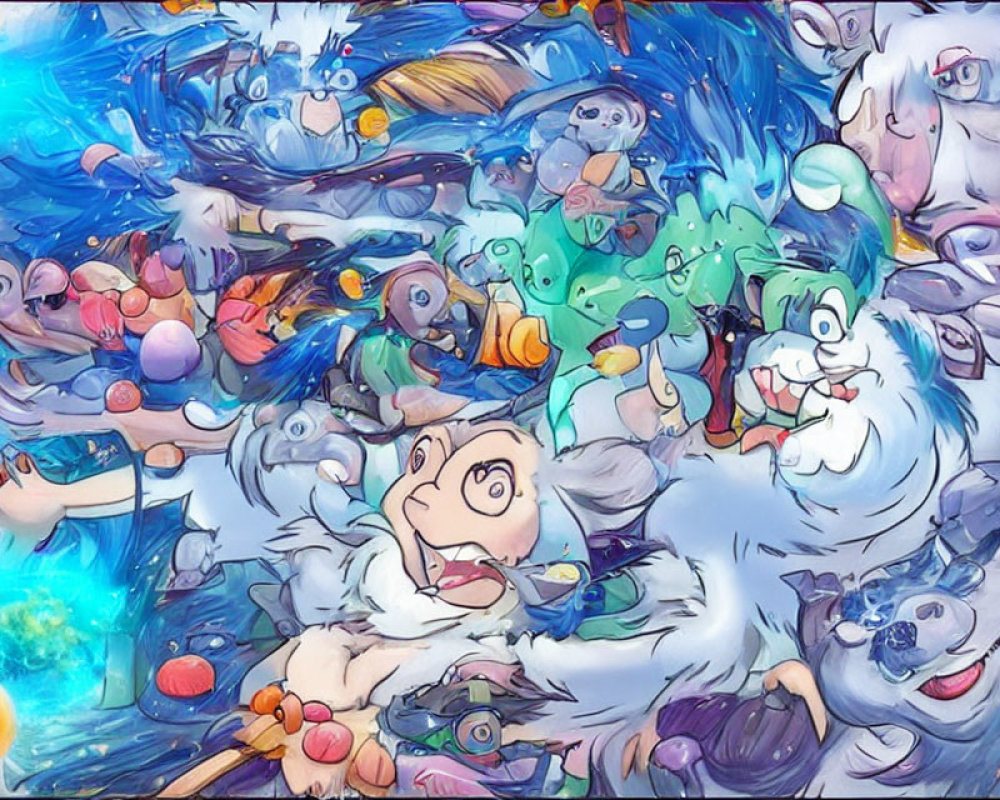 Vibrant Illustration of Whimsical Creatures in Underwater Scene