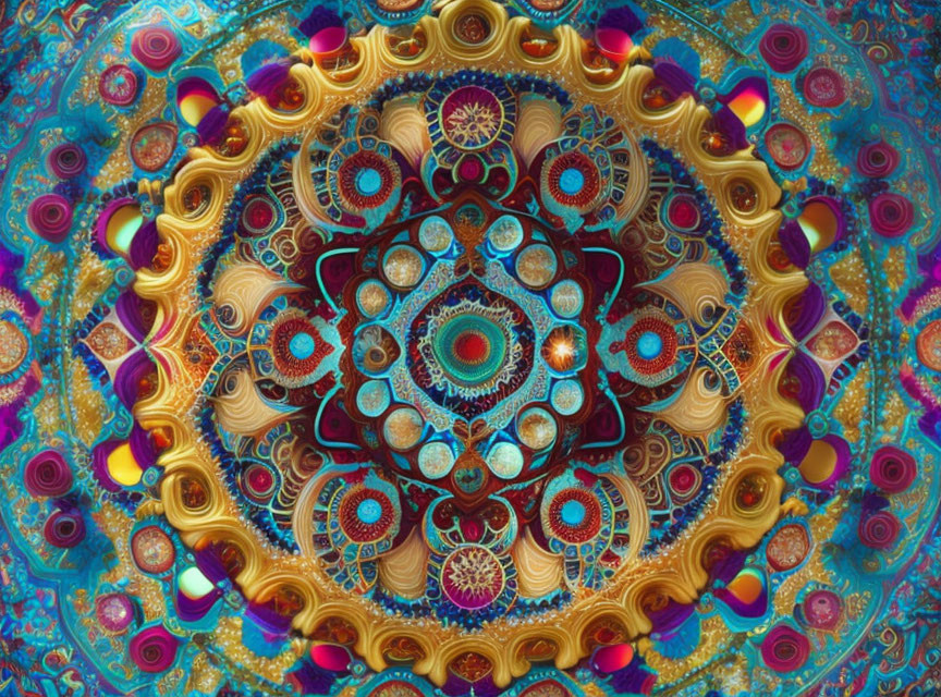 Colorful Mandala Pattern with Blues, Golds, and Reds