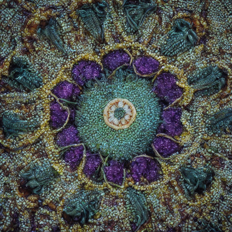 Vibrant circular organic pattern in purple, green, and brown hues