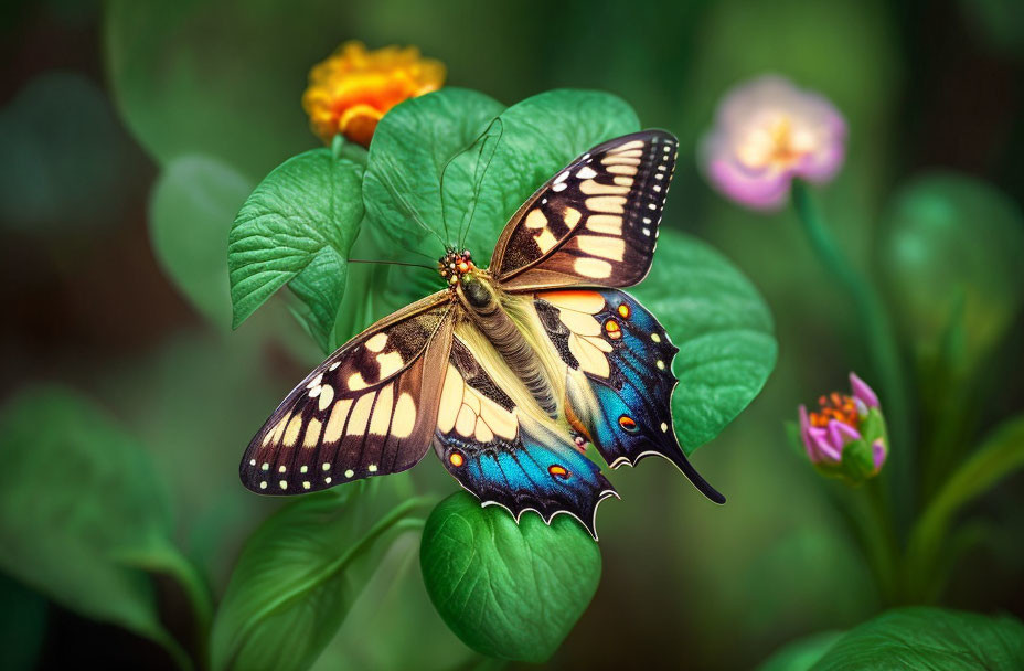 Colorful Butterfly Resting on Green Leaves in Lush Garden
