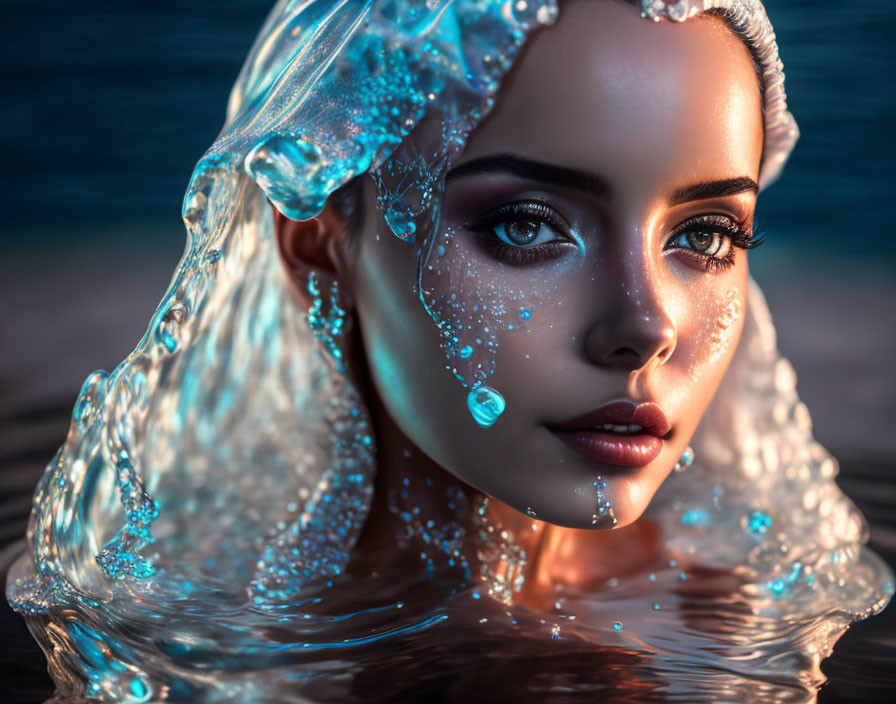 Hyper-realistic digital portrait of woman emerging from water with detailed droplets and ripples.