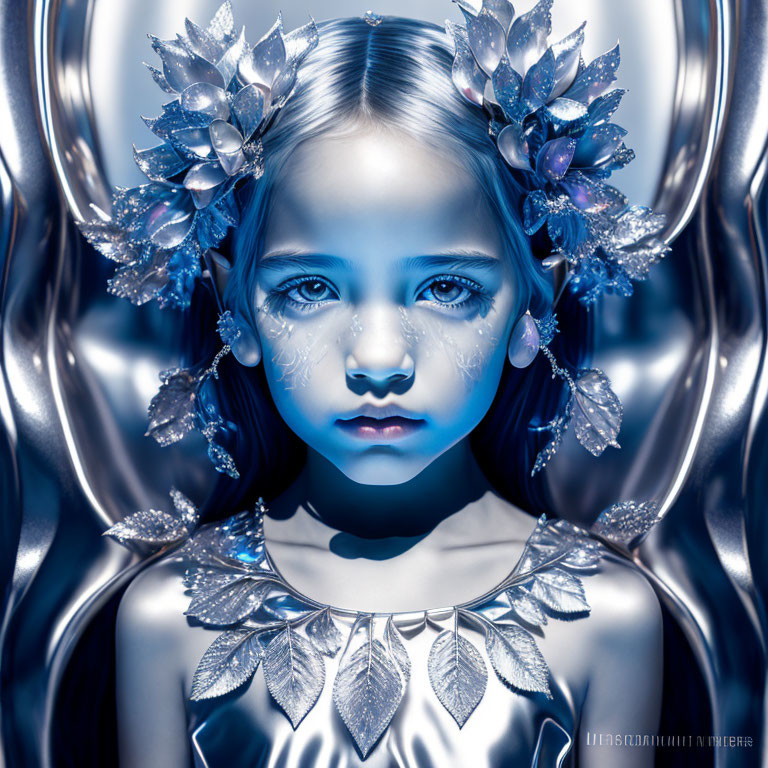 Young girl with blue eyes and floral headpiece on metallic background