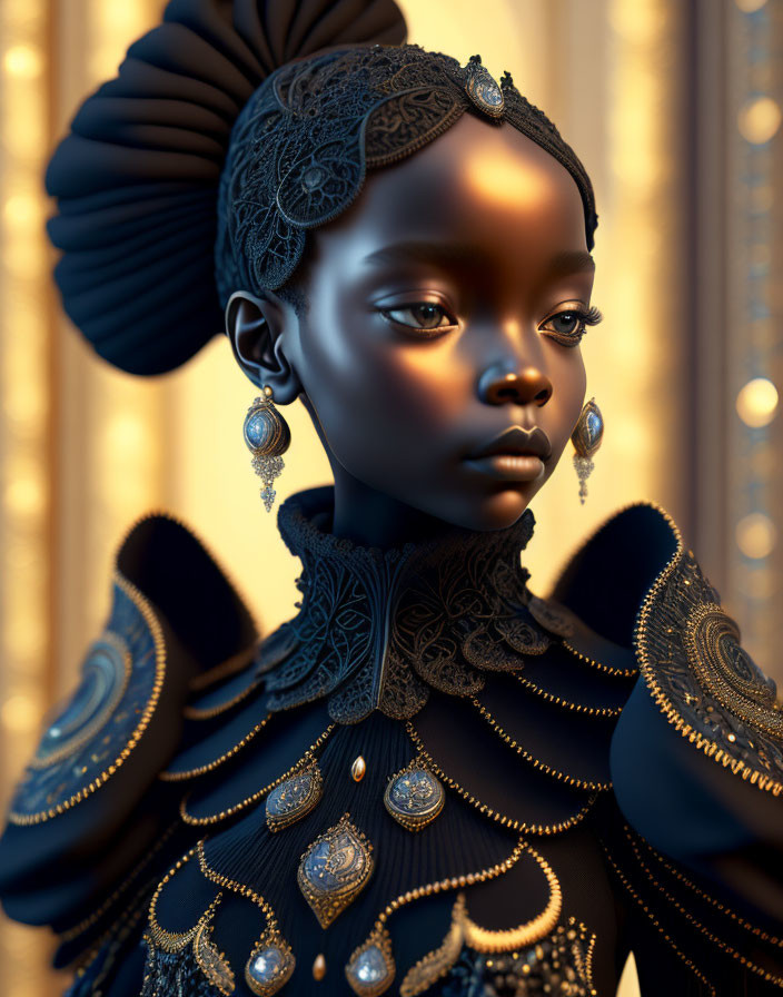 Intricate Black and Gold Attire on Girl in 3D Illustration