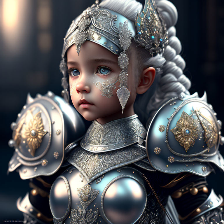 Detailed digital artwork: Child in ornate silver-and-gold armor and headdress