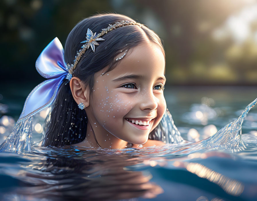 Young girl with sparkling hair accessory and blue bow swimming in water under sunlight