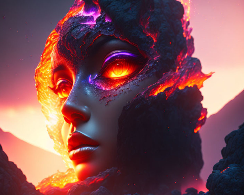 Face merging with volcanic landscape under red sunset with purple eyes and lava streams