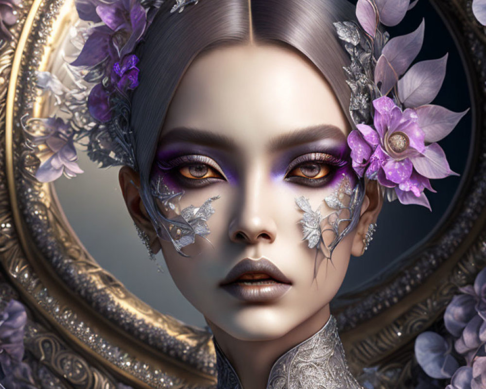 Digital artwork of woman with purple floral adornments and icy makeup in decorative frame
