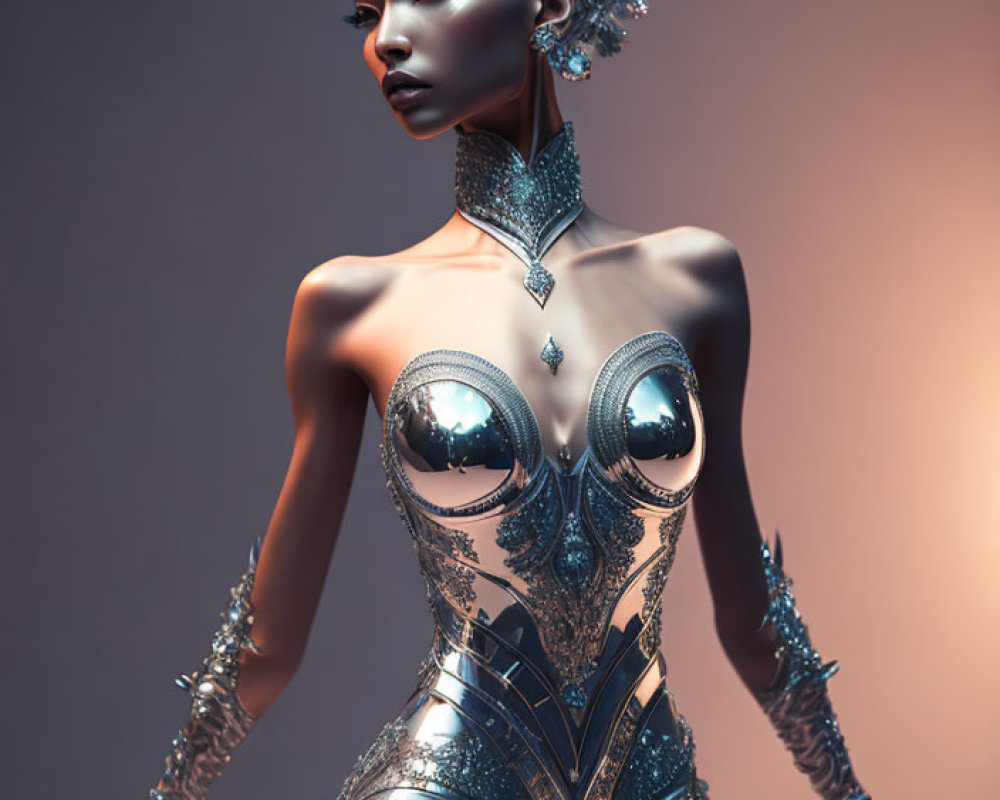 Futuristic female figure in silver body armor on warm background