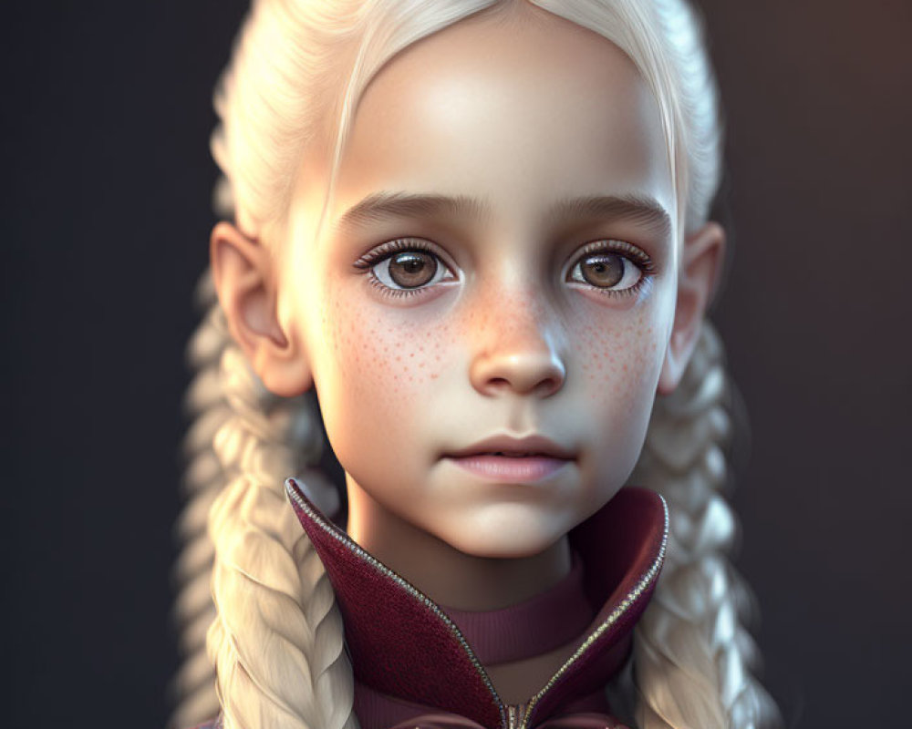 Young girl with blonde braided hair in rich burgundy outfit