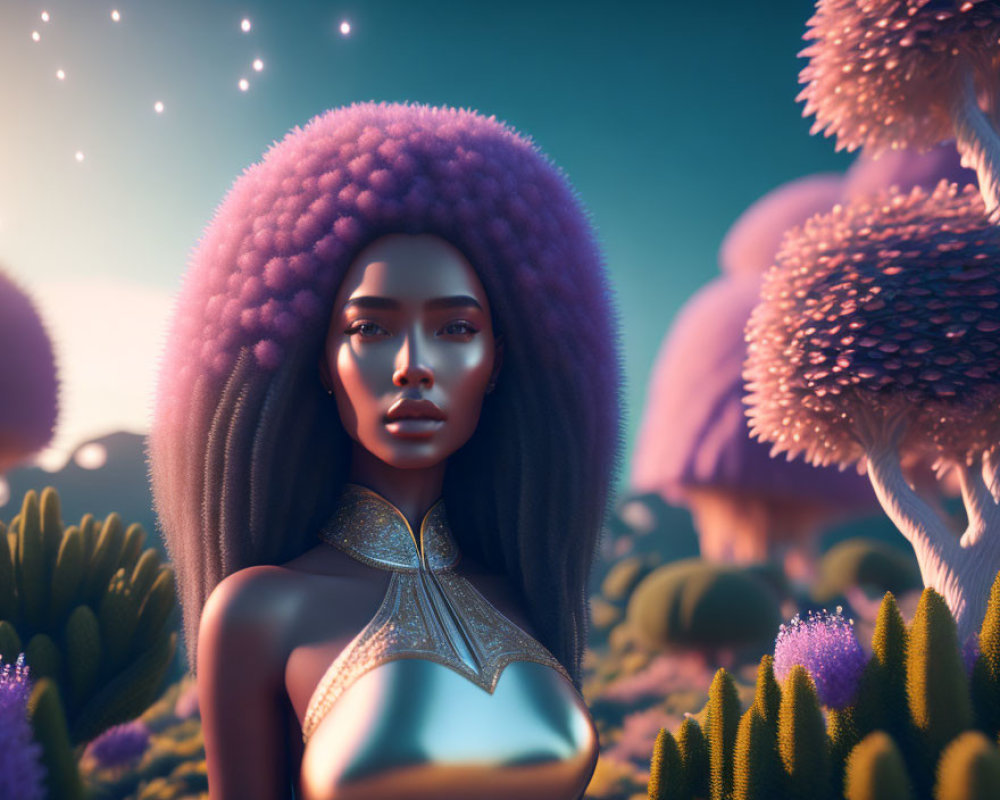 Surreal digital artwork of woman with afro in sunset landscape