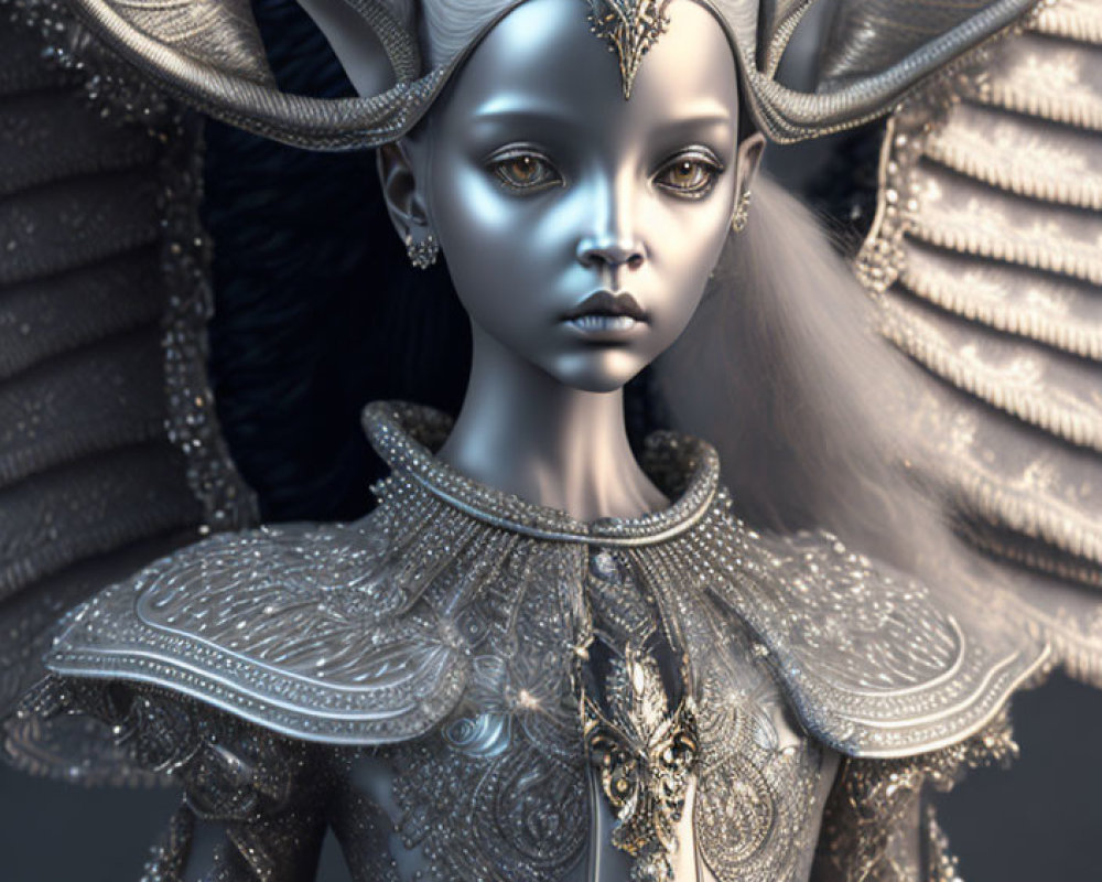 Pale-skinned figure in silver armor with horned headpiece on monochrome background