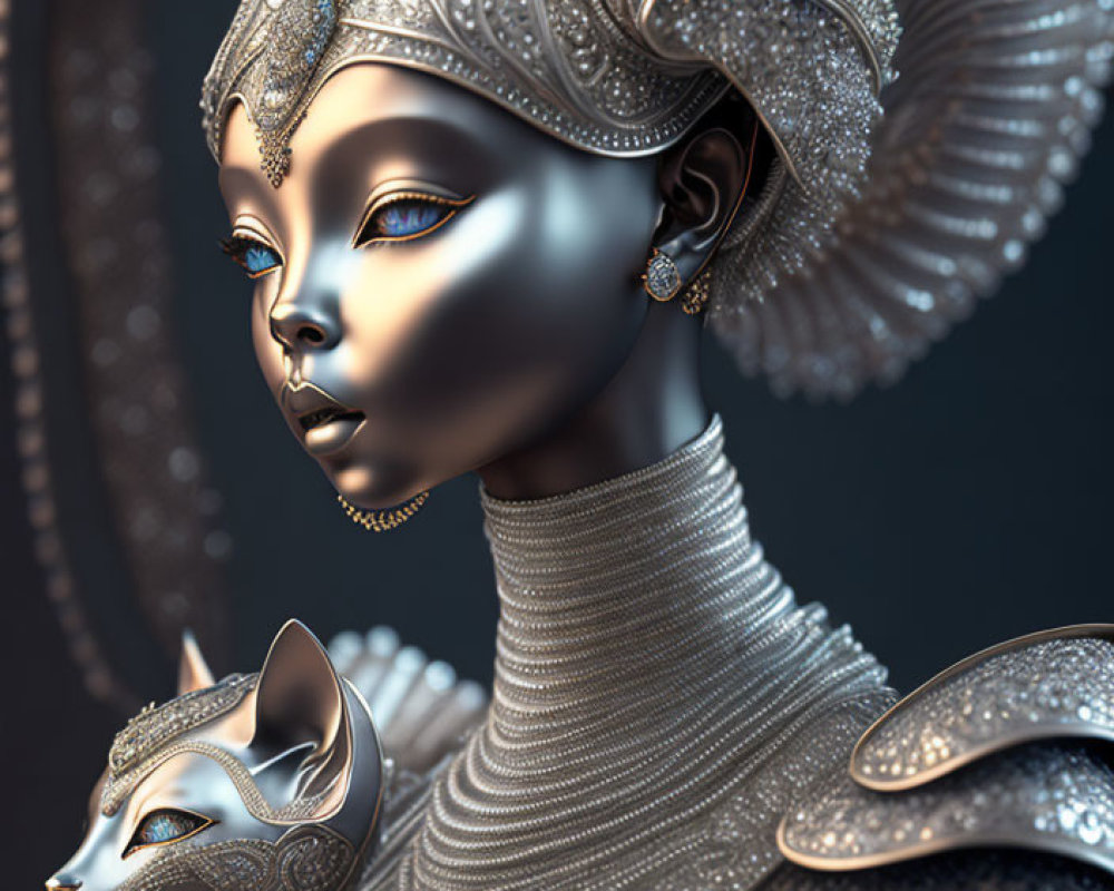 Digital Artwork: Woman with Metallic Skin and Elaborate Headdress Next to Stylized Cat