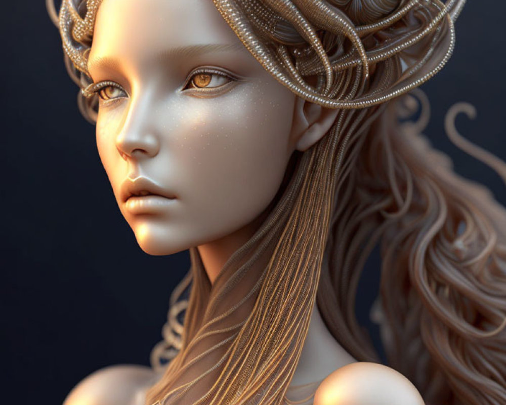 Elaborate 3D-rendered portrait of female figure with pearl-like hair on dark background