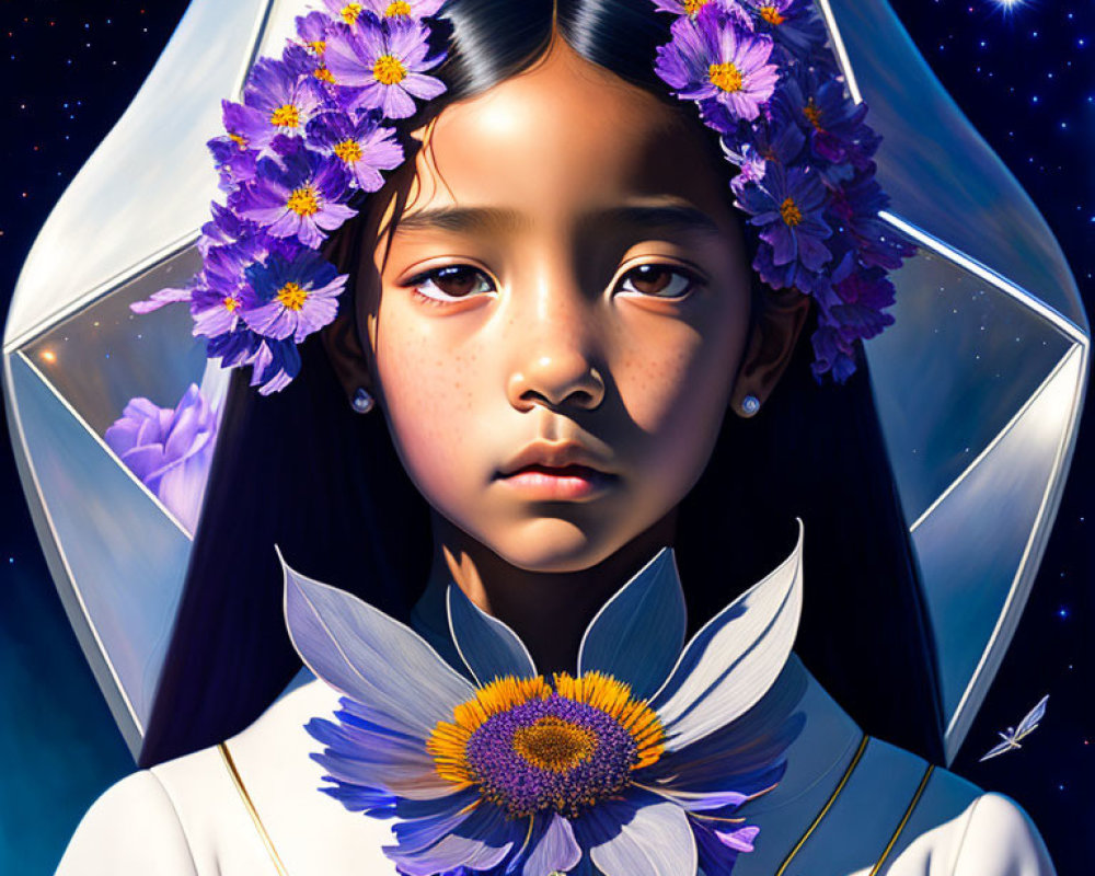 Digital Artwork: Girl with Purple Flower Adornments, Geometric Backdrop, and Butterflies