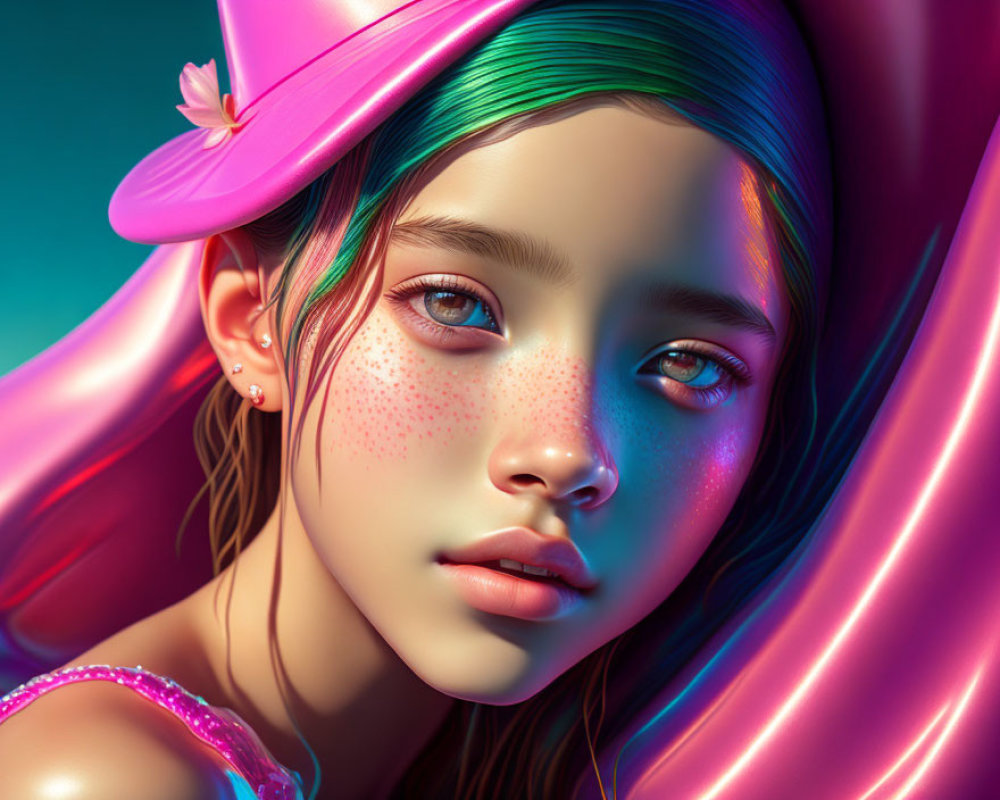 Vibrant digital artwork: girl with green hair, freckles, pink hat, and garment
