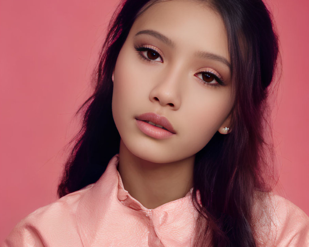 Woman in light pink satin blouse with gentle gaze on pink background.