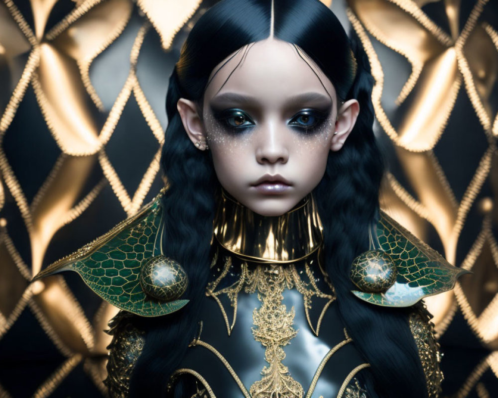 Intricate golden attire on doll-like figure with black hair