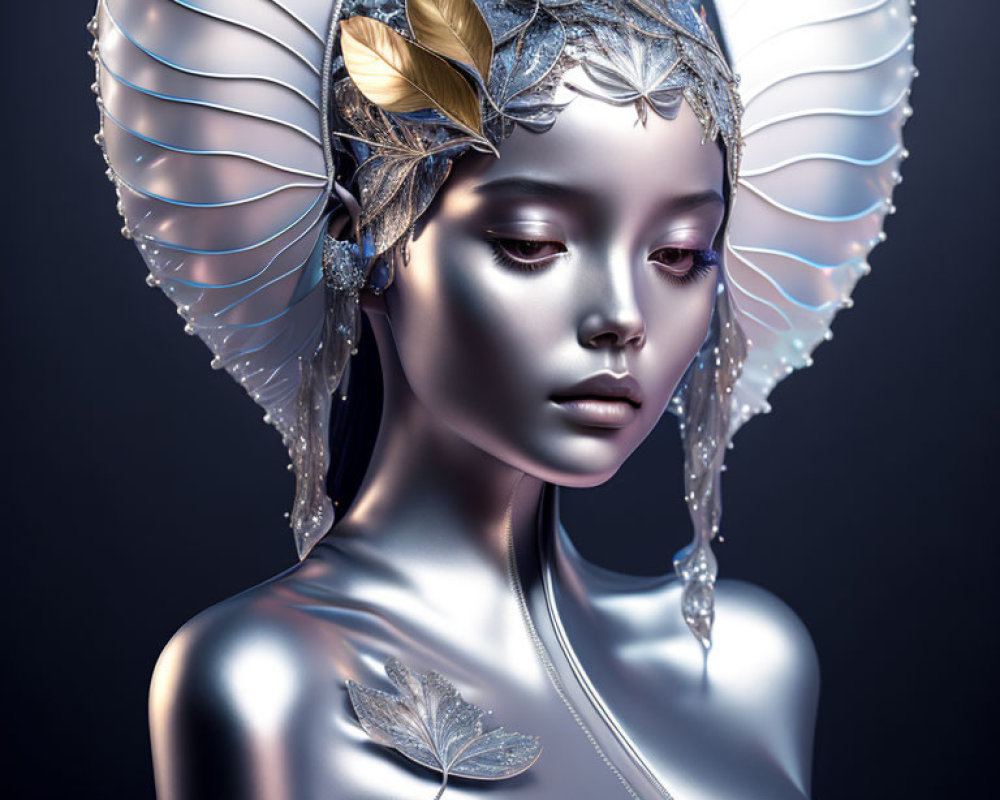 Digital art portrait: Woman with metallic skin, white wings, and golden leaves in silver hair