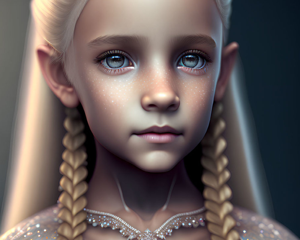 Portrait of young girl with braided blonde hair, blue eyes, freckles, and ornate
