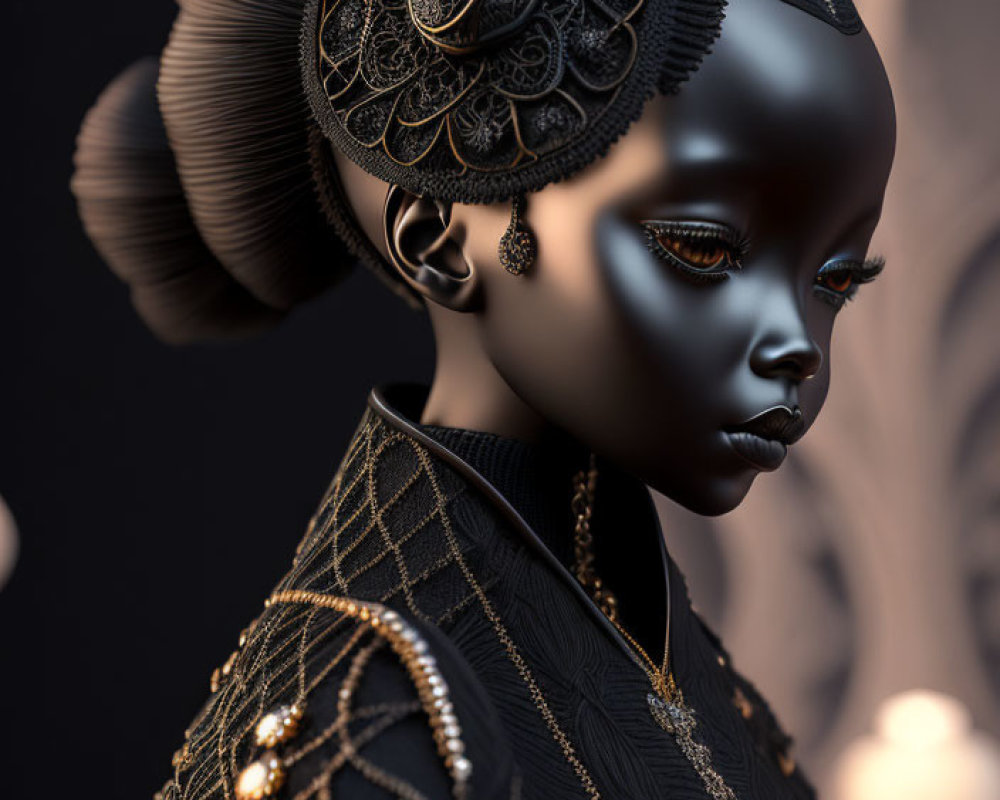 Digital portrait of woman with ebony skin and ornate headgear and jewelry on dark background.