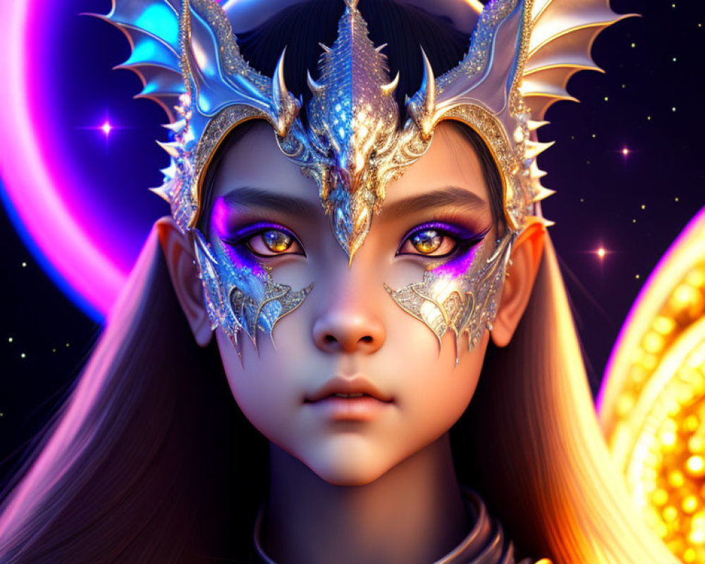 Fantasy character portrait with golden headgear and purple eyes