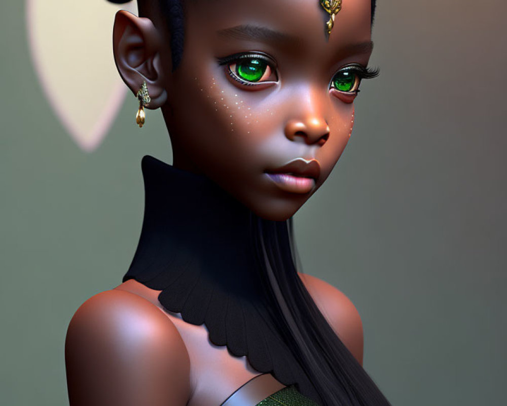 Digital portrait: Girl with green eyes, intricate braids, gold jewelry, African-inspired blend