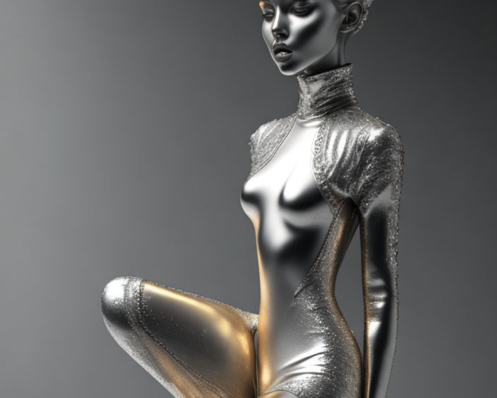 Metallic humanoid female figure in silver and gold textures on gray background