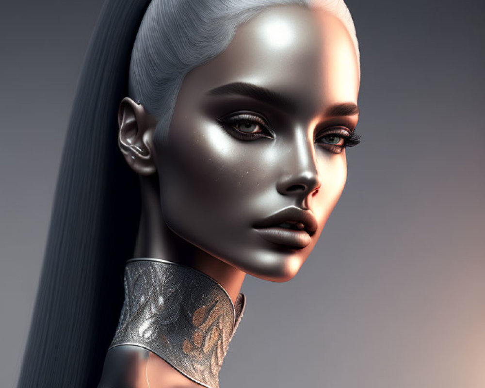 Digital portrait: Woman with metallic skin, dark eyes, and silver ponytail