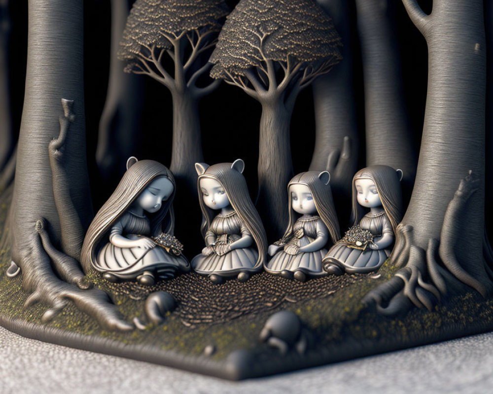 Four cat-like figurines in forest-themed sculpture with flowers, trees, roots.