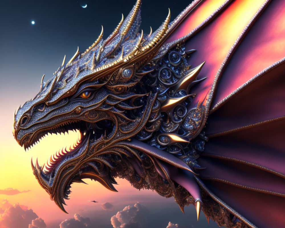 Majestic dragon with intricate scales flying in sunset sky