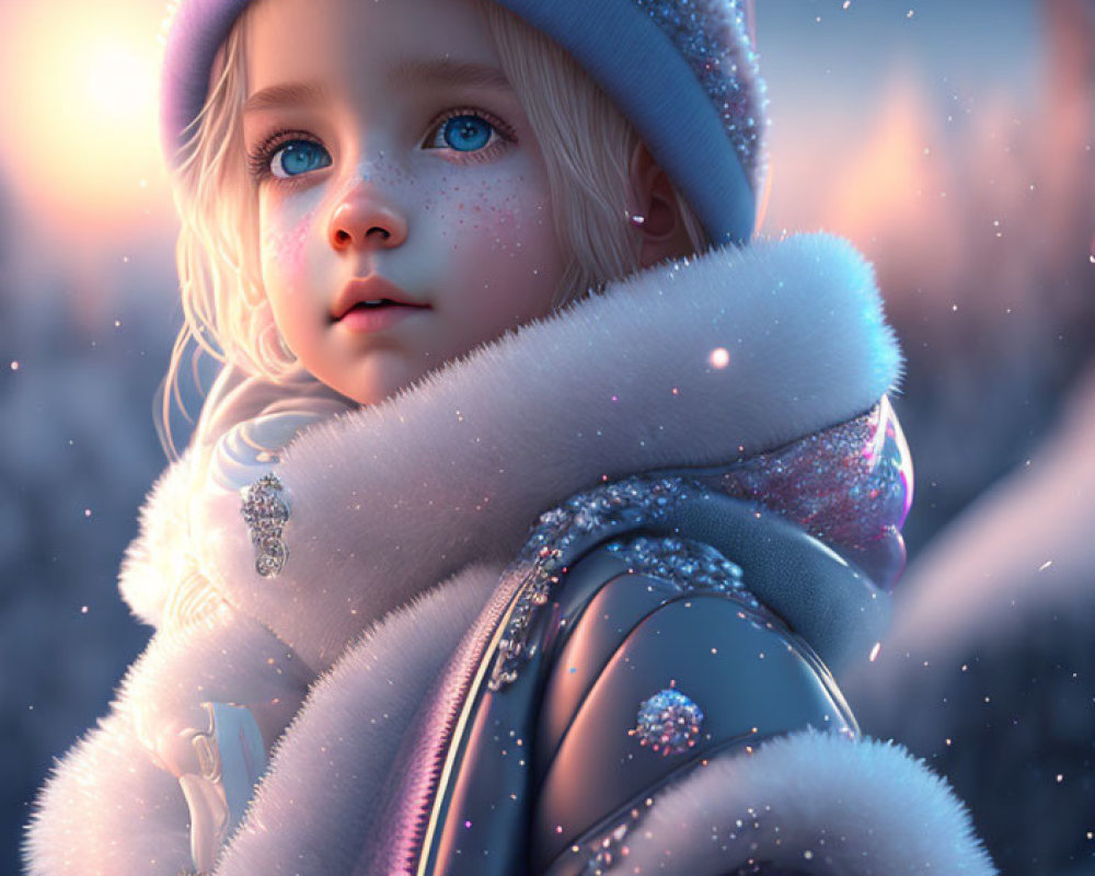Young girl with blue eyes and blonde hair in winter attire gazes thoughtfully in snowy scene
