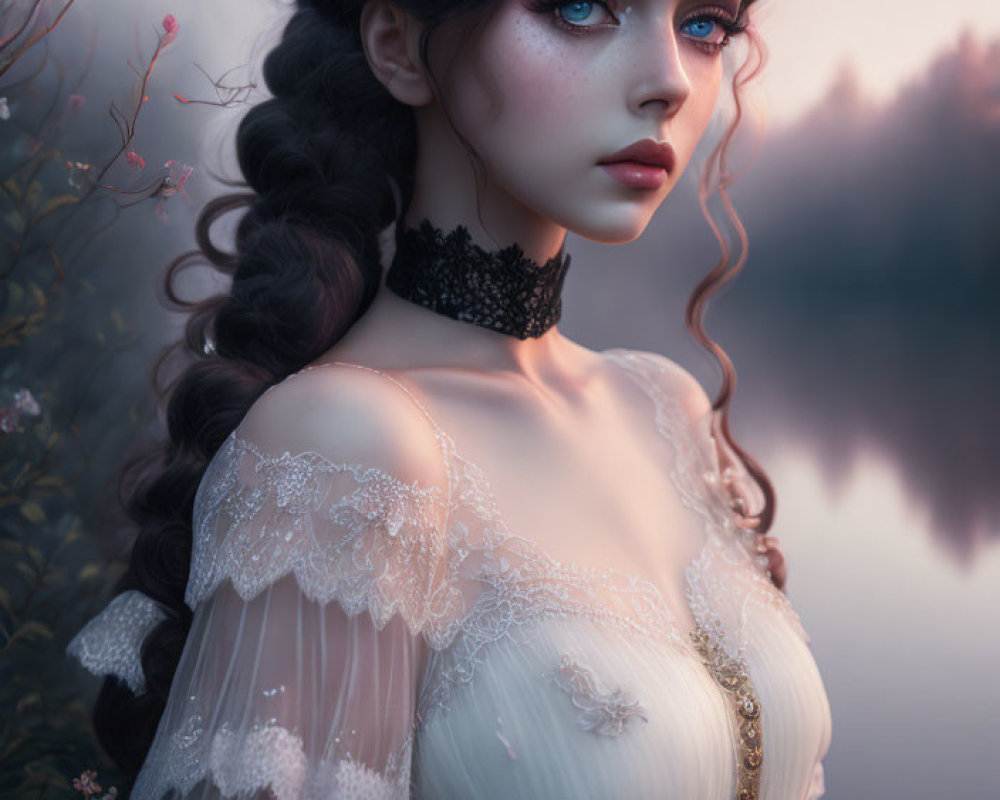Digital Artwork: Woman with Blue Eyes in Lacy Dress at Twilight Lake