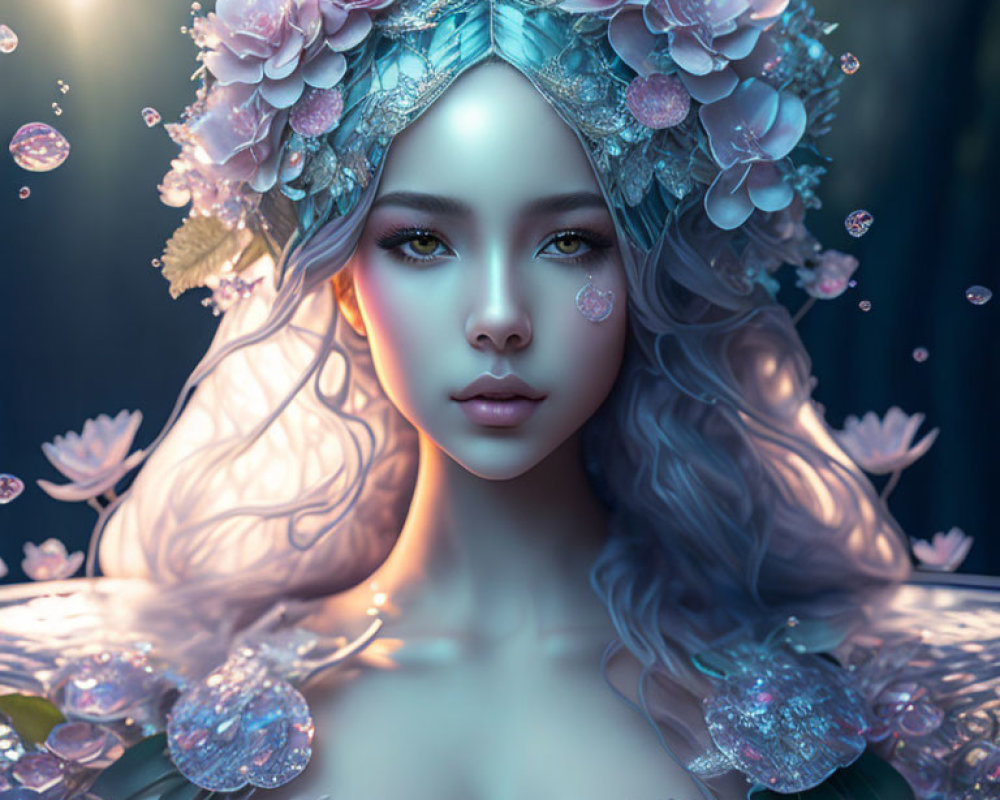 Fantasy portrait of woman with luminescent skin and floral crown surrounded by bubbles and flowers.