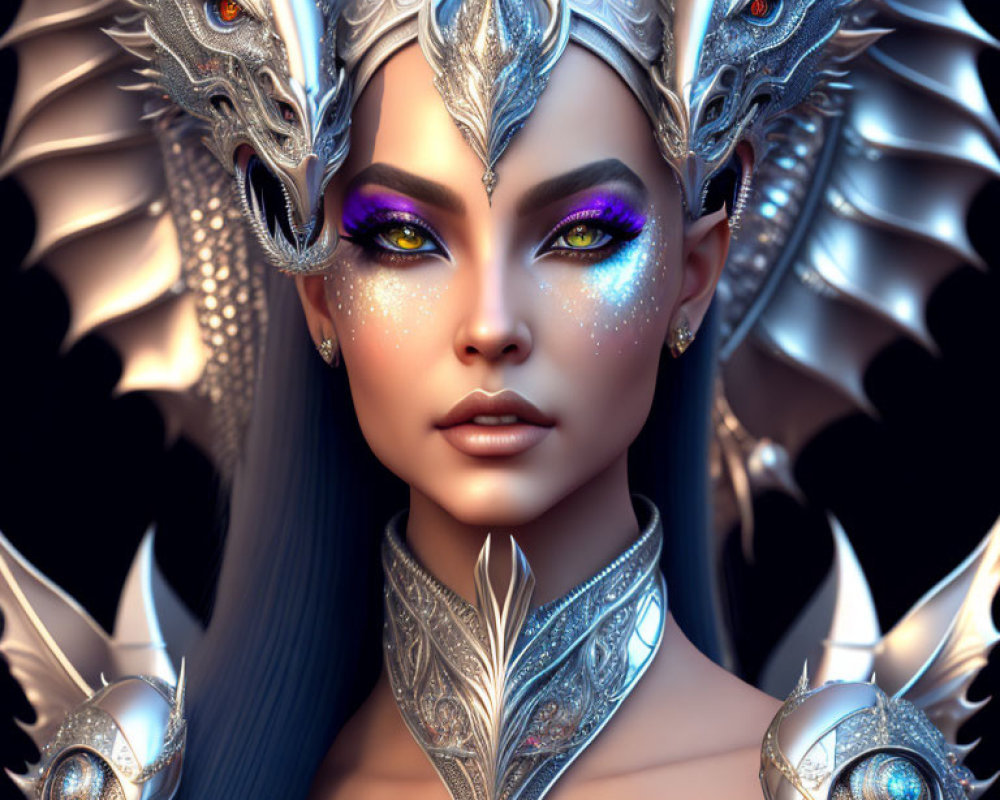 Fantasy portrait of woman with dragon companions in silver armor and celestial makeup.