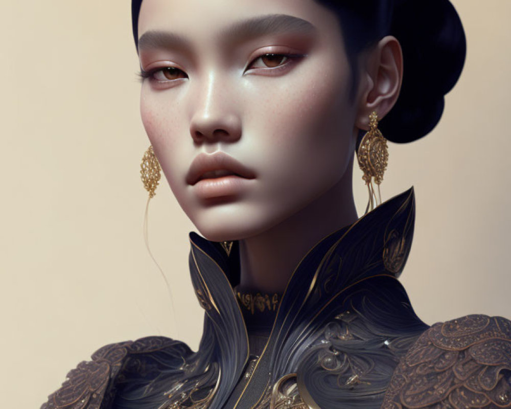 Detailed 3D illustration of woman with sleek hairstyle and ornate earrings in gold-accented outfit
