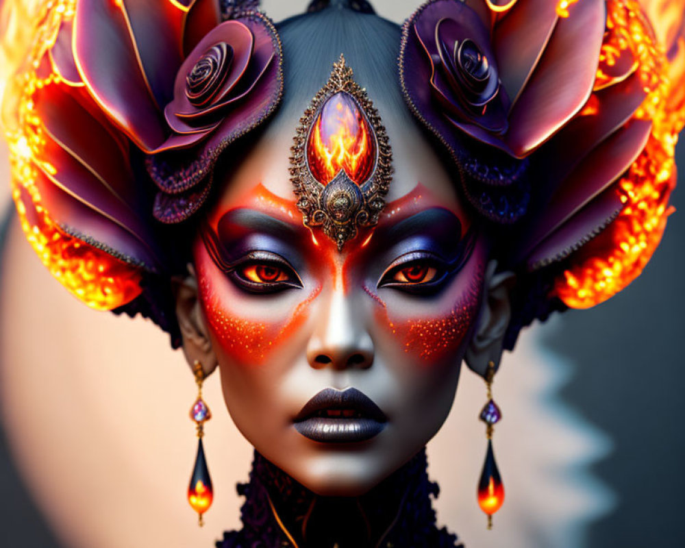 Colorful portrait with fantasy makeup and ornate headdress.
